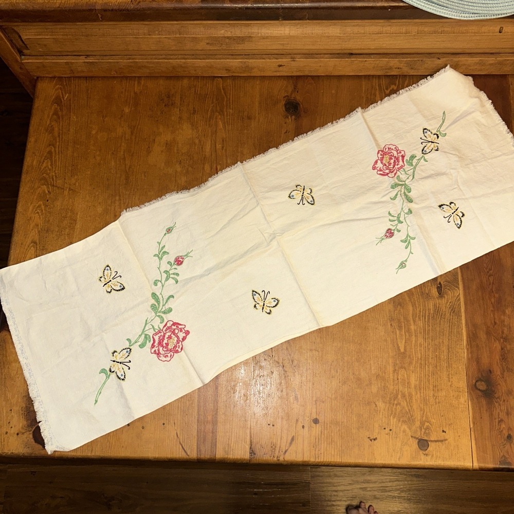 Vintage Dresser Scarf Embroidered Table Runner 12x38"Cottagecore Butterfly Flora